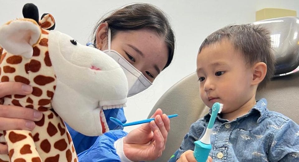 A dental hygienist uses a giraffe puppet to teach a young boy how to brush his teeth properly. The child, holding an electric toothbrush, watches the demonstration closely.