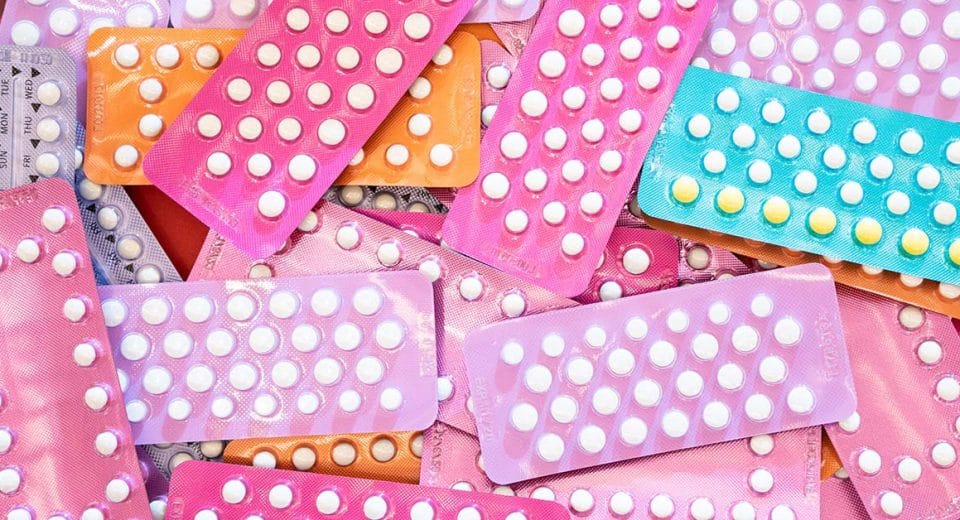 Birth control pills Many kind of contraceptive brand, colorful of birth control pills for women, medicine and drug concept