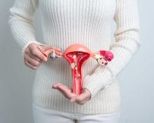 Woman,Holding,Uterus,And,Ovaries,Model.,Ovarian,And,Cervical,Cancer, Woman holding Uterus and Ovaries model. Ovarian and Cervical cancer, Cervix disorder, Endometriosis, Hysterectomy, Uterine fibroids, Reproductive system and Pregnancy concept